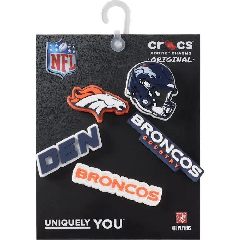 Set de 5 brelocuri Jibbitz™ pentru încălțăminte cu tema Denver Broncos din NFL Set de 5 brelocuri Jibbitz™ pentru încălțăminte cu tema Denver Broncos din NFL
