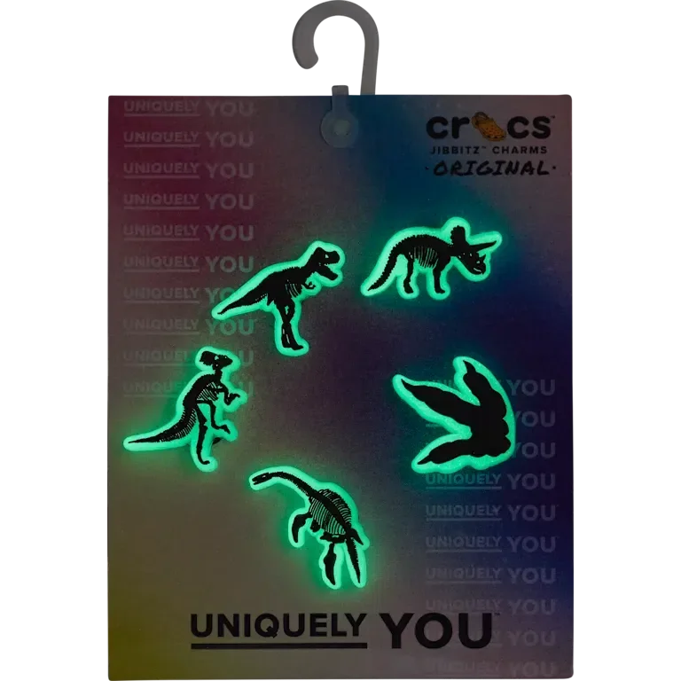 Set de 5 brelocuri Jibbitz pentru încălțăminte „Dino” care strălucesc în întuneric Set de 5 brelocuri Jibbitz pentru încălțăminte „Dino” care strălucesc în întuneric